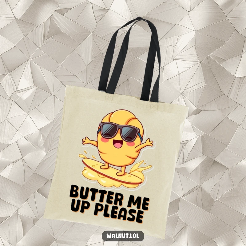 Funny joyful croissant character, sunglasses, surfing on butter ripple, breakfast humor, beach vibe, reusable funny bag.