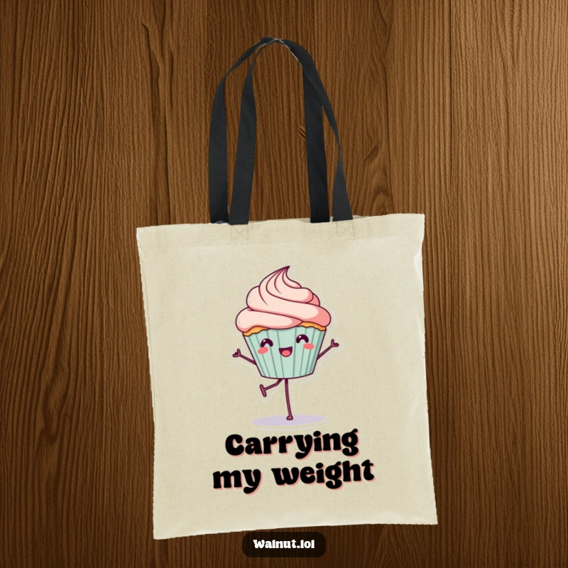 Funny Tote Bag: A cheerful cupcake balances on one leg, a sweet and humorous design for carrying essentials with joy.