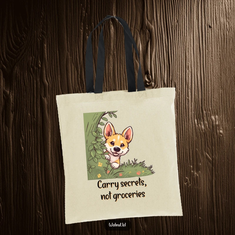 Funny dog tote bag featuring a wild dog peeking from behind a bush with an expression of pure curiosity.