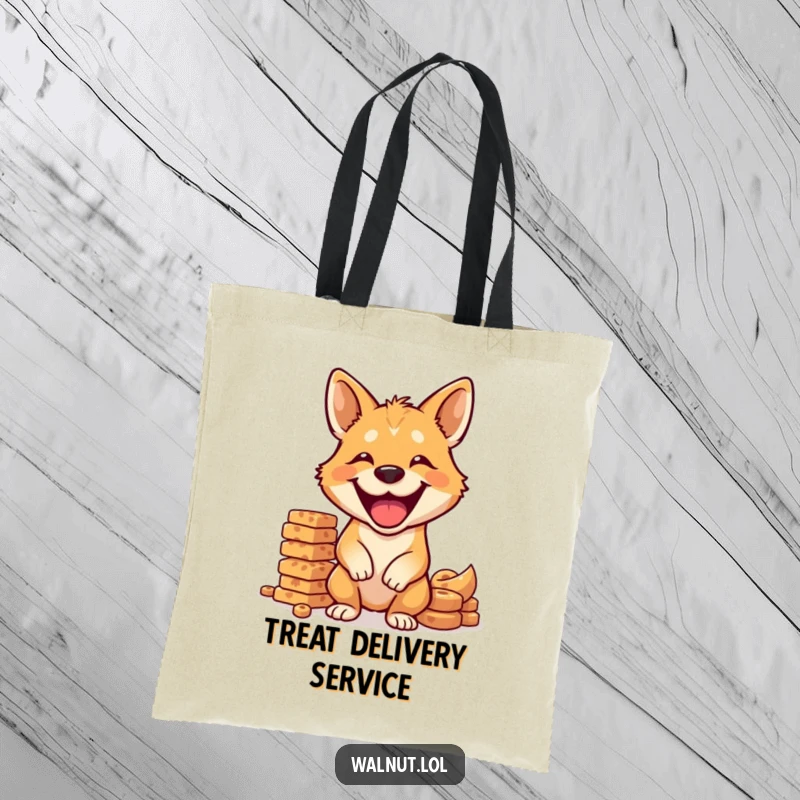 Funny dog tote bag featuring a smiling wild dog balancing a tall stack of dog treats, ready for errands.