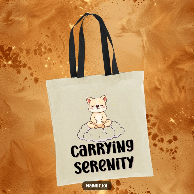 Funny dog tote bag with a dog meditating peacefully on a cloud, ideal for daily serenity.