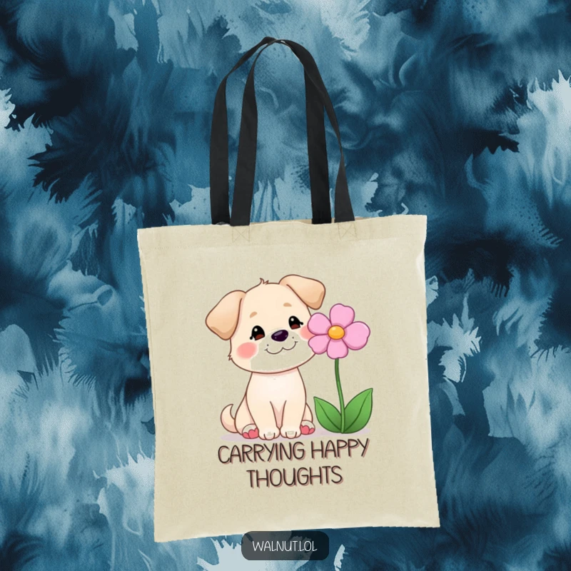 Funny tote bag with a dog smiling at a flower, perfect for carrying essentials with nature-inspired humor.