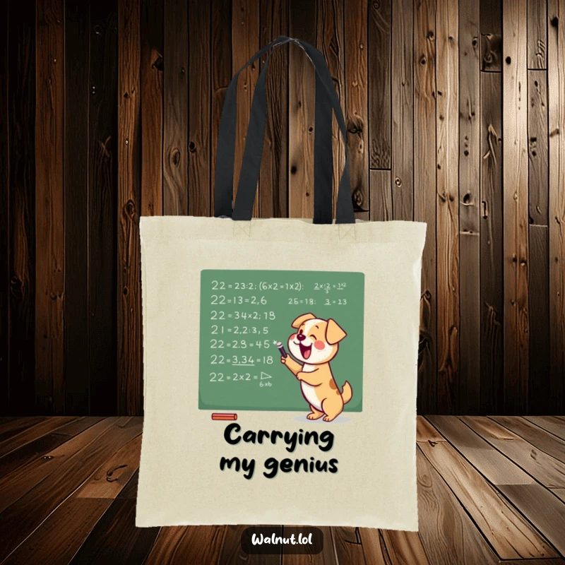 Funny tote bag with a dog diligently writing mathematical equations on a chalkboard, perfect for carrying books and brains humorously.