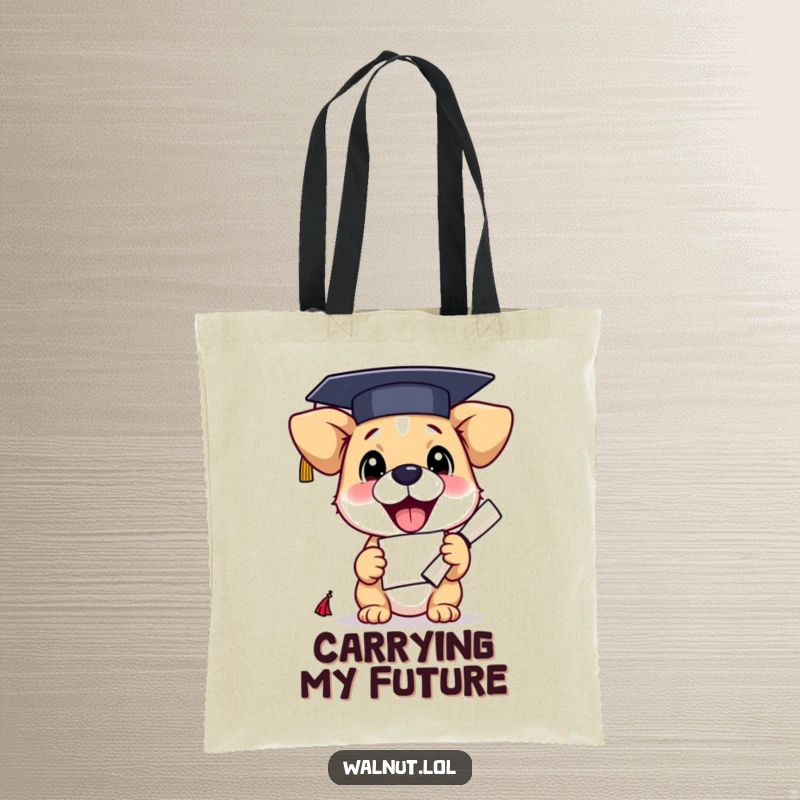 Funny graduation dog tote bag depicting a joyful dog holding a diploma, perfect for carrying books and essentials with pride.
