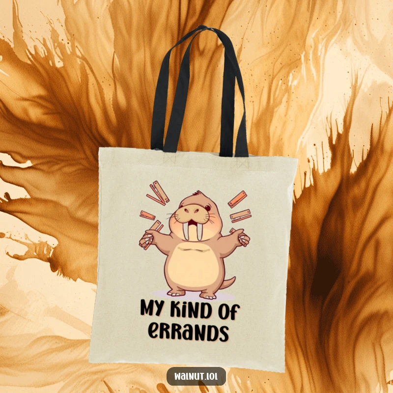 Funny tote bag featuring a walrus juggling staplers, a humorous and practical accessory for carrying everyday items.