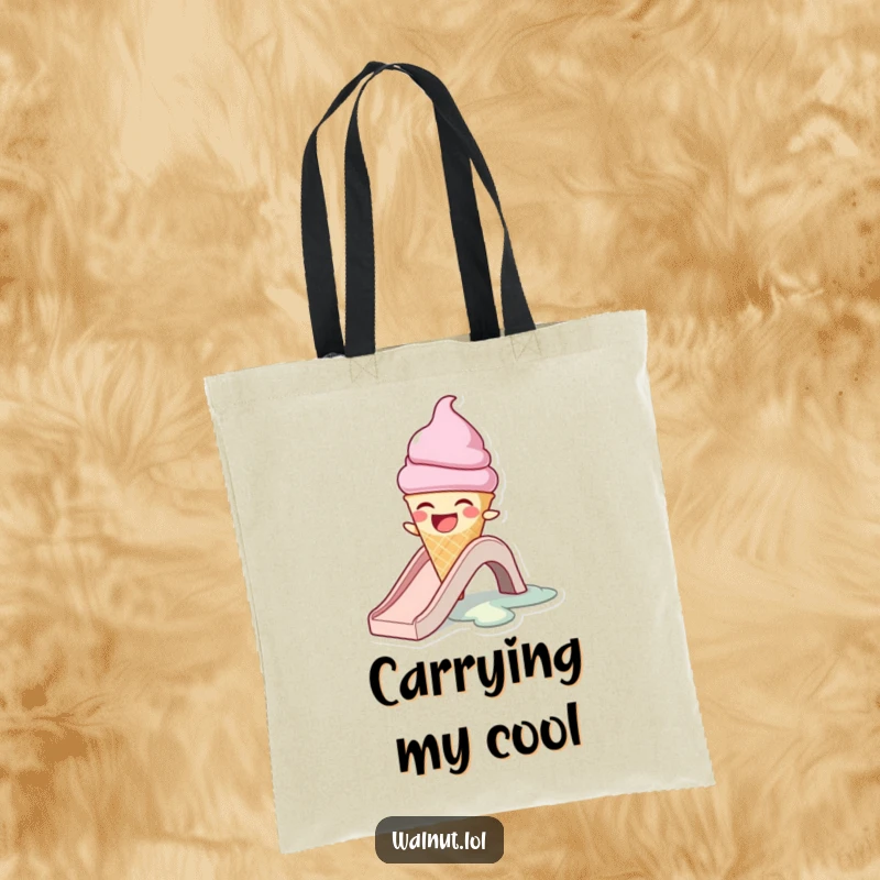 Funny tote bag featuring a laughing ice cream cone character melting on a slide, perfect for groceries or beach trips.
