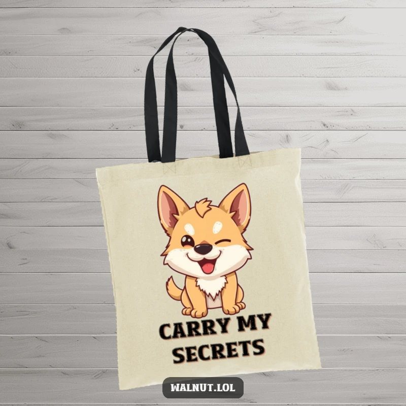 Funny Tote Bag printed with a wild dog character giving a mischievous wink. A humorous and functional accessory for daily use.