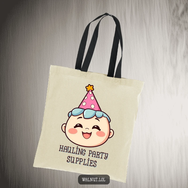 Funny tote bag featuring a character wearing a party hat with a silly grin, ideal for carrying items with festive humor.