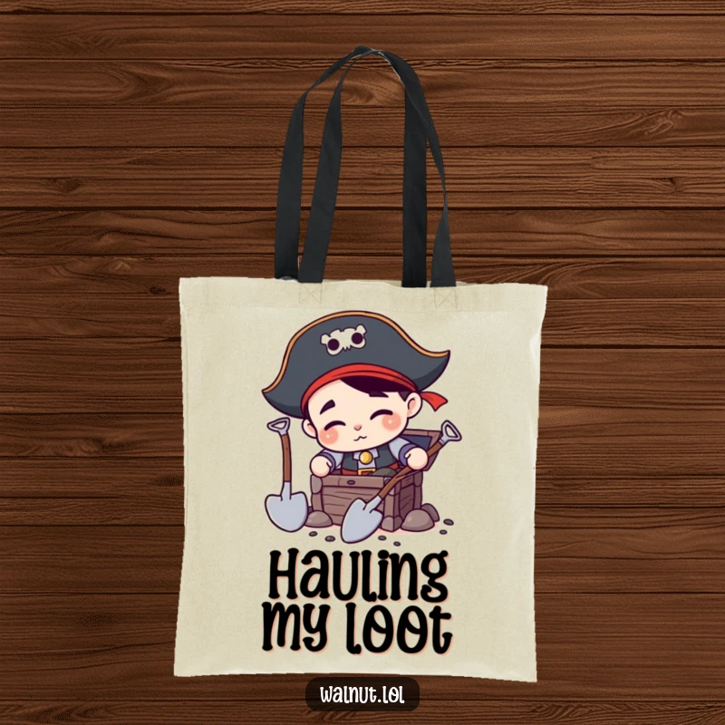 Funny Pirate Digging Tote Bag: Energetic pirate character digging with two shovels for a treasure chest, ready for any adventure or errand.