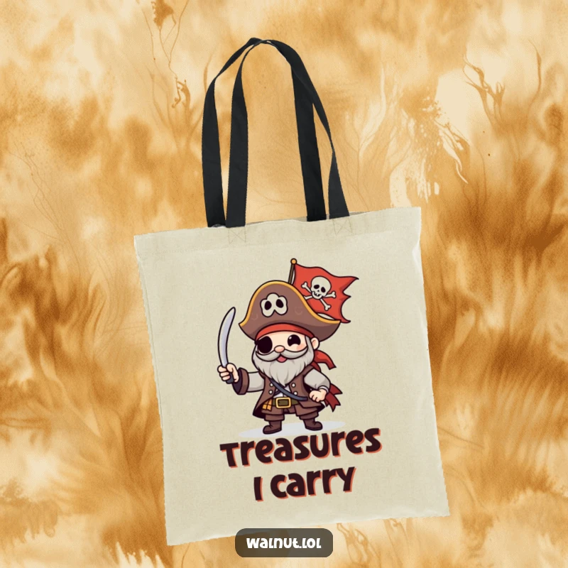 Funny Pirate Tote Bag with a character happily waving a Jolly Roger flag, perfect for carrying essentials on any voyage.