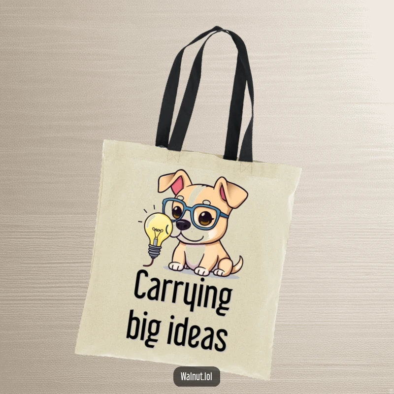 Funny Tote Bag printed with a dog wearing large spectacles, pondering a glowing lightbulb. A humorous accessory for carrying knowledge.