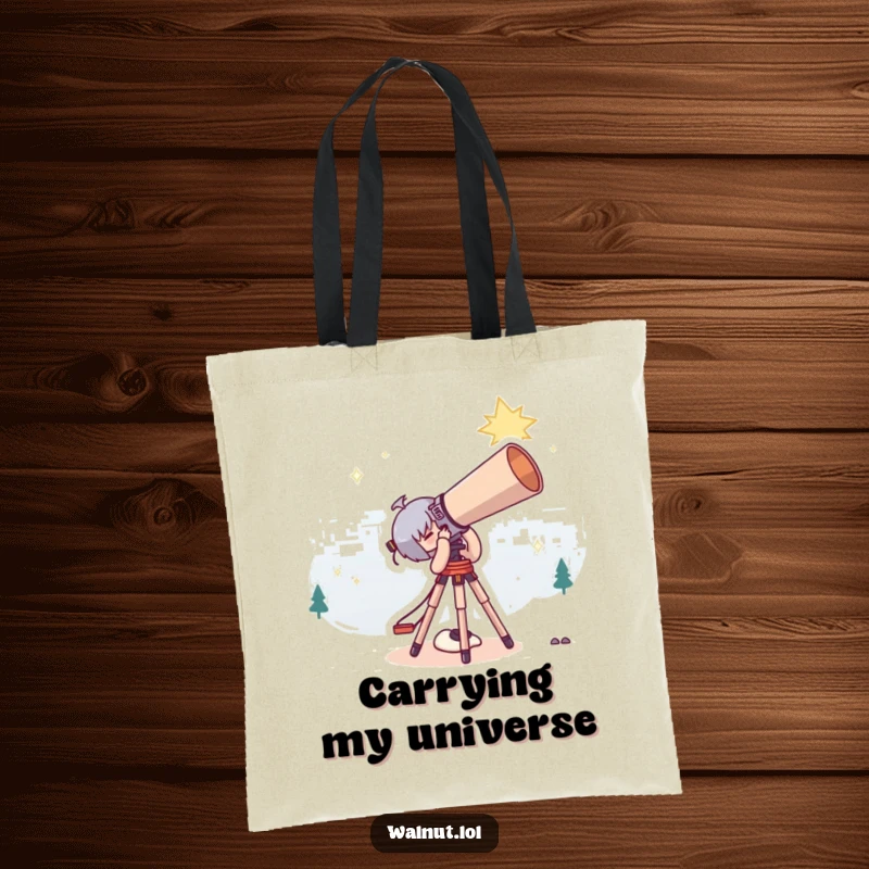 Funny Tote Bag featuring a cute character using a giant telescope to stargaze, perfect for carrying essentials.