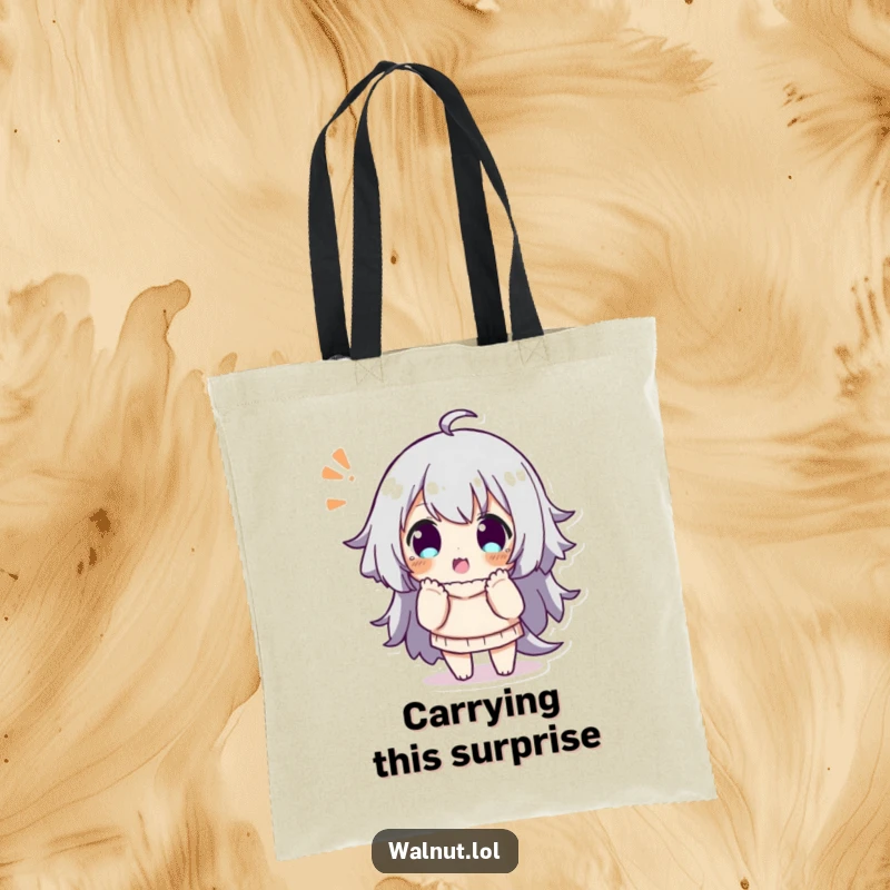 Funny tote bag featuring a character striking a playful, surprised pose, ideal for carrying items with humorous reactions.