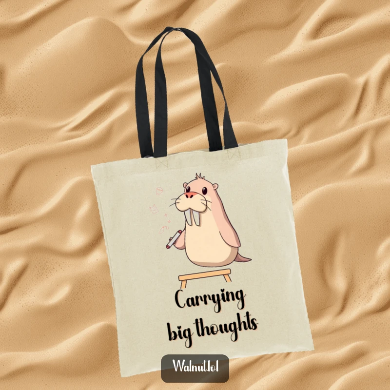 Funny walrus character carrying a tote bag, with artistic ideas sketched on a whiteboard in the background.
