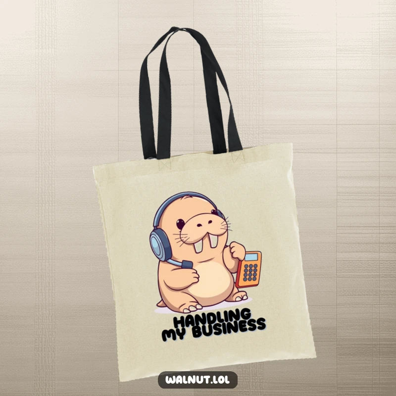 Funny tote bag featuring a walrus wearing a headset and answering a phone, a humorous and practical accessory for daily use.