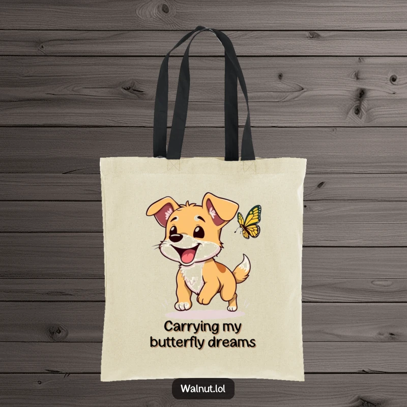Funny dog tote bag featuring a joyful wild dog intently chasing a butterfly with its large floppy ears flying.