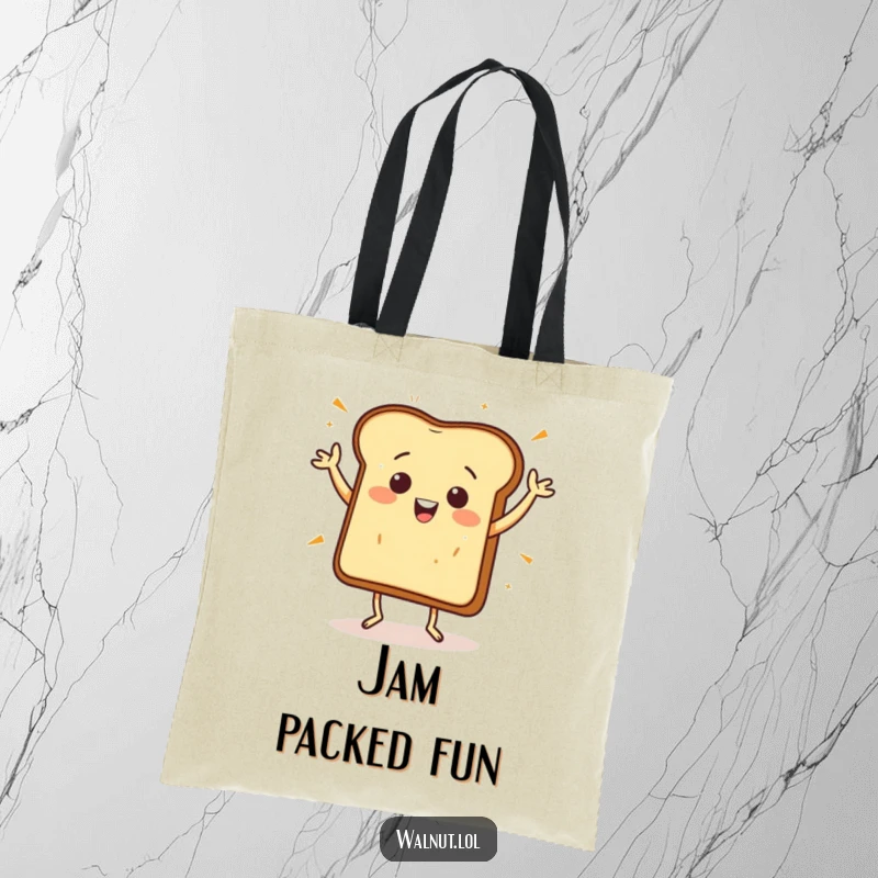 Funny Tote Bag: A happy piece of toast dances joyfully, perfect for carrying groceries or daily items with breakfast flair.