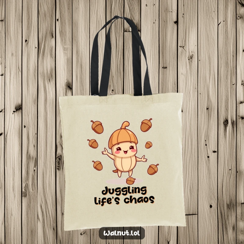 Funny tote bag with a jaunty walnut character playfully juggling acorns, perfect for carrying daily items.