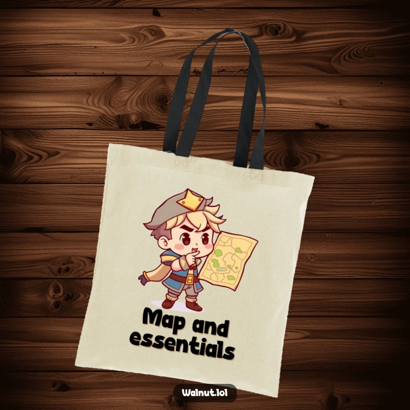 Funny tote bag featuring a determined character pointing at a map, symbolizing exploration and readiness for any journey.