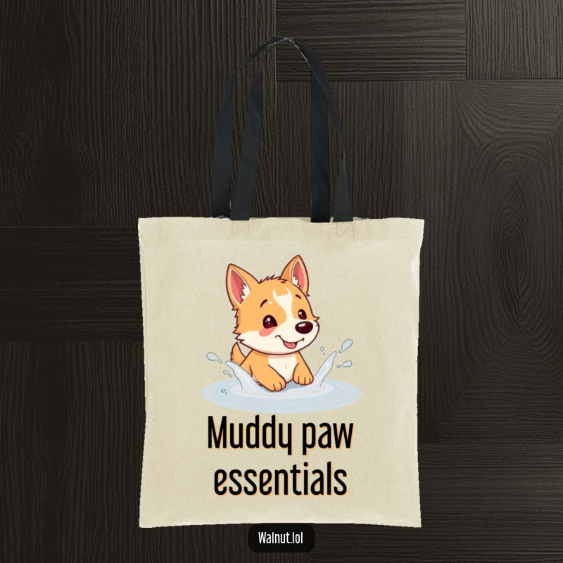 Funny dog tote bag illustrating a joyful wild dog enthusiastically splashing in a puddle, a scene of pure, wet delight.