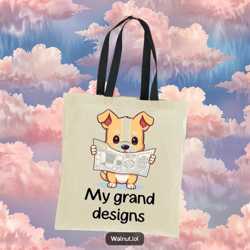 Funny tote bag showing a dog holding a complex blueprint with a curious expression, great for carrying projects and humorously.