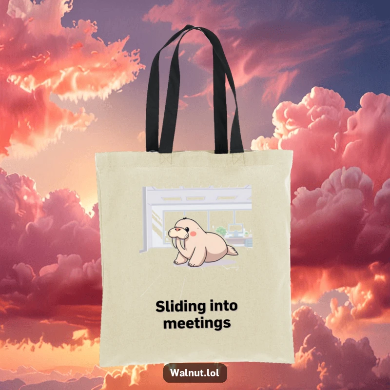 Funny tote bag showcasing a walrus sliding across a polished office floor, a humorous and practical accessory for daily commutes.