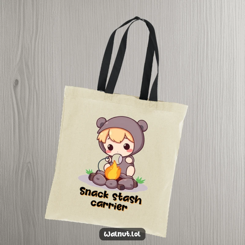 Funny Tote Bag featuring a cute character toasting a marshmallow over a small campfire, ideal for outdoor trips.