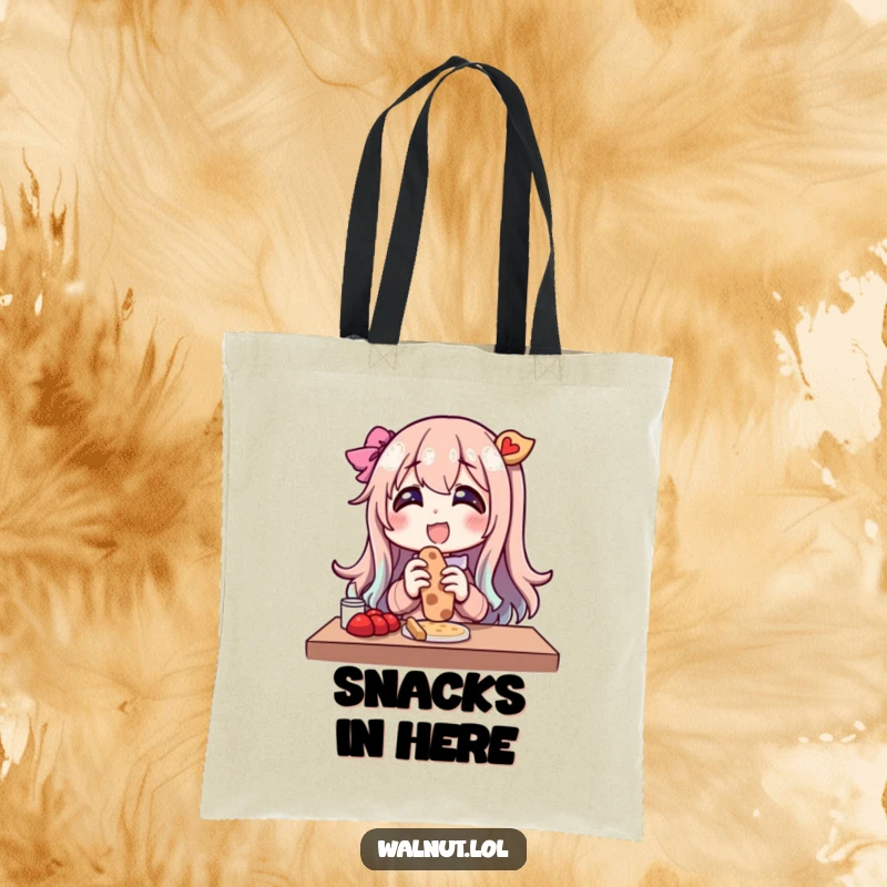 Funny tote bag featuring a character's gleeful expression during an outdoor snack break. Practical and cheerfully designed.