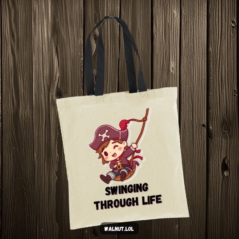 Funny Pirate Rope Slide Tote Bag: Agile pirate character sliding down a rope, perfect for carrying essentials with a sense of speed and adventure.
